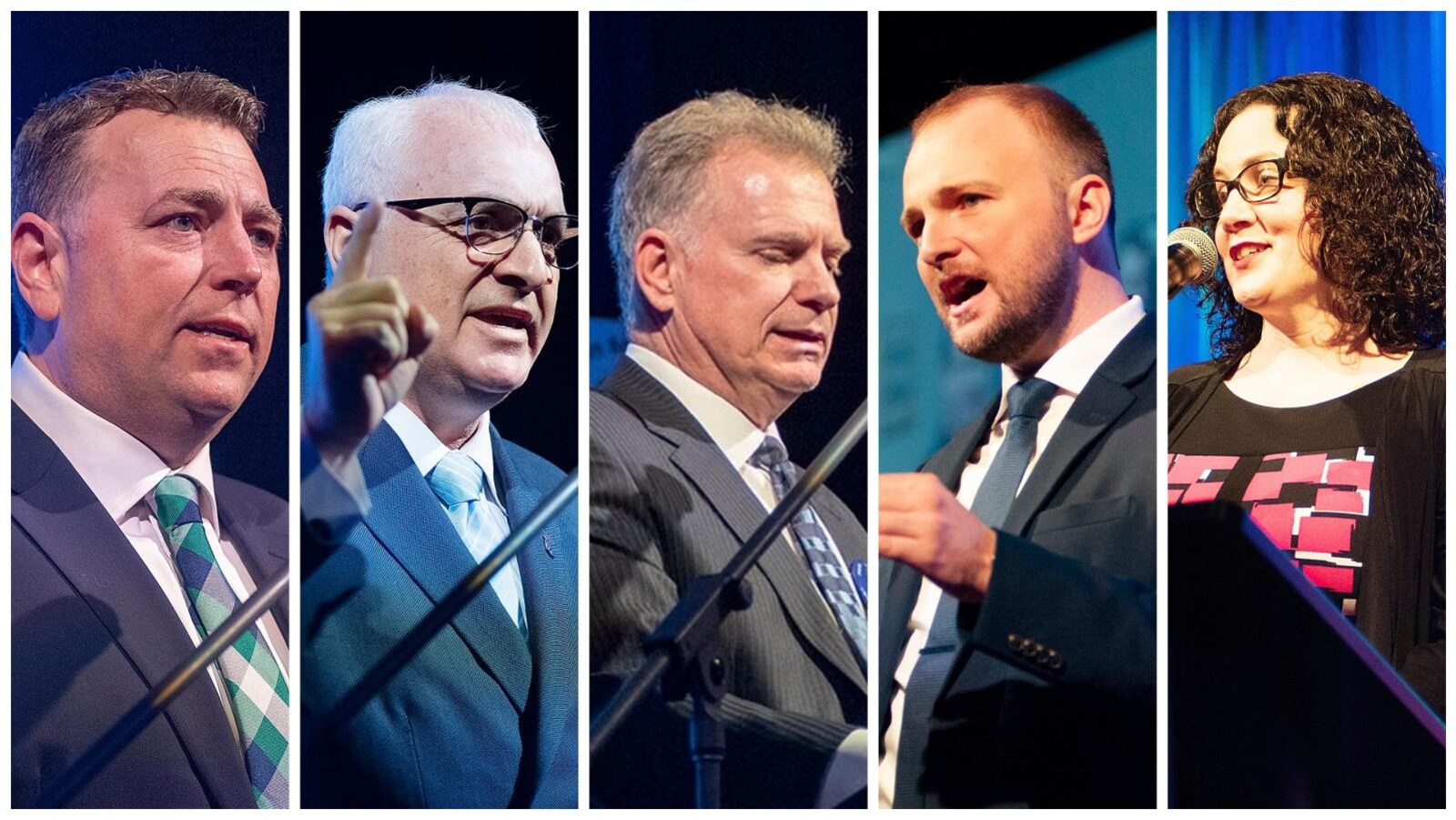 Montage photo des cinq candidats à la direction du Parti progressiste-conservateur de l'Île-du-Prince-Édouard s'adressant aux membres de la formation politique le 9 février 2019 à Charlottetown.