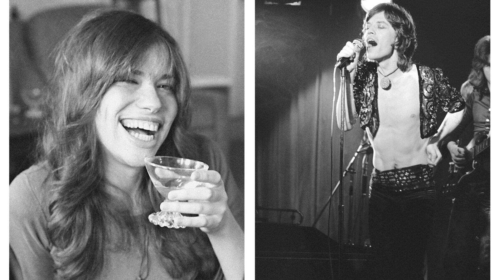À gauche, la jeune femme rit en tenant un verre dans ses mains, à droite, l'homme chante sur scène.