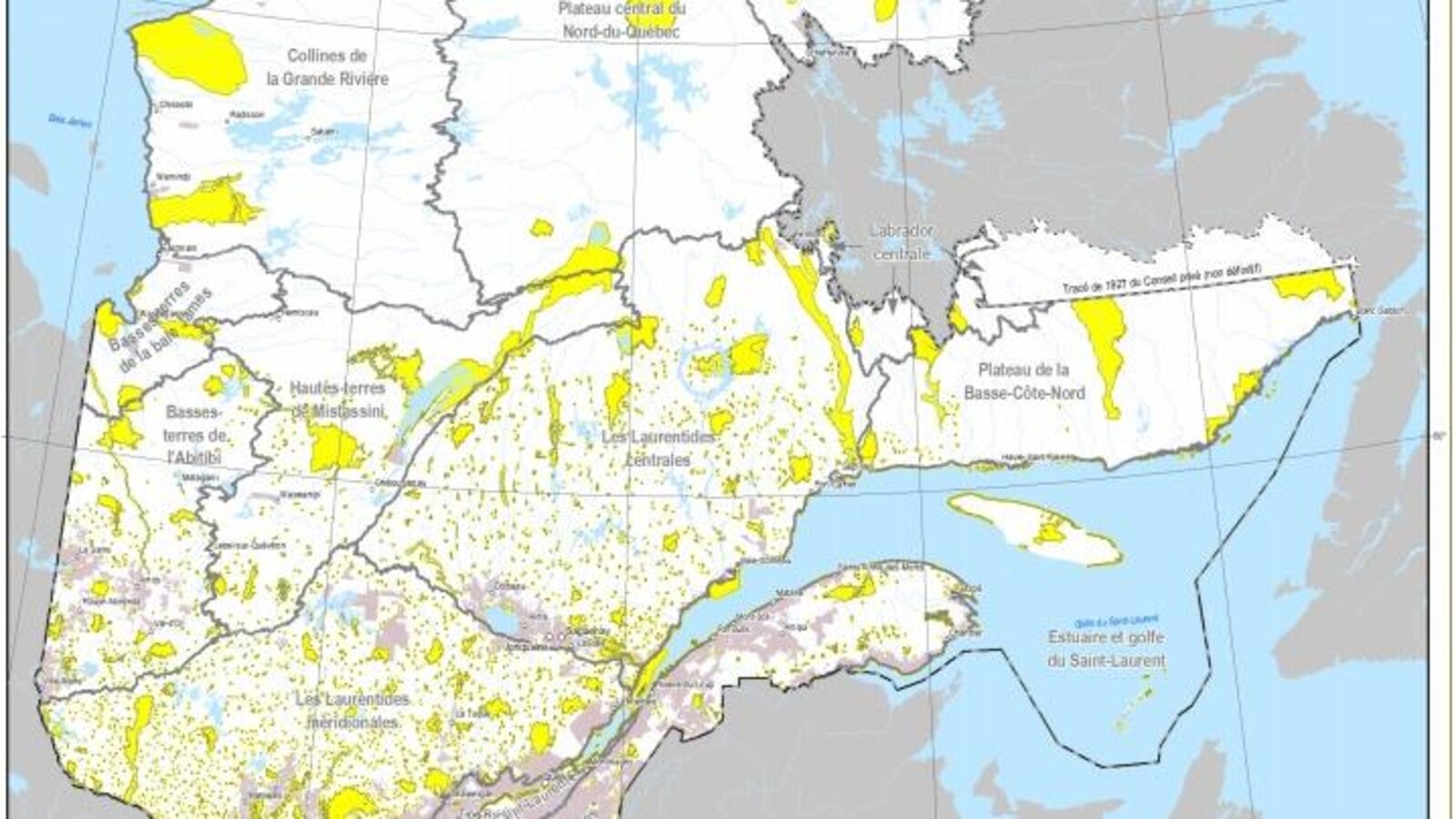 En jaune: aire protégée. En brun: terre privée
