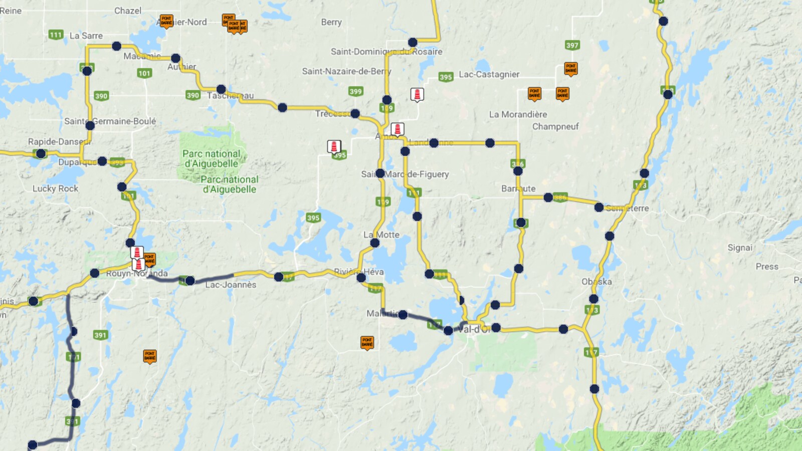 La carte montre les conditions routières de l'Abitibi-Témiscamingue.