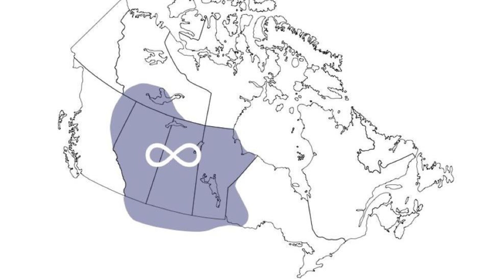 Une carte du Canada sur laquelle une zone délimitée en bleu couvre complètement le Manitoba, la Saskatchewan et l'Alberta, ainsi qu'une partie de l'Ontario, de la Colombie-Britannique et des Territoires du Nord-Ouest.