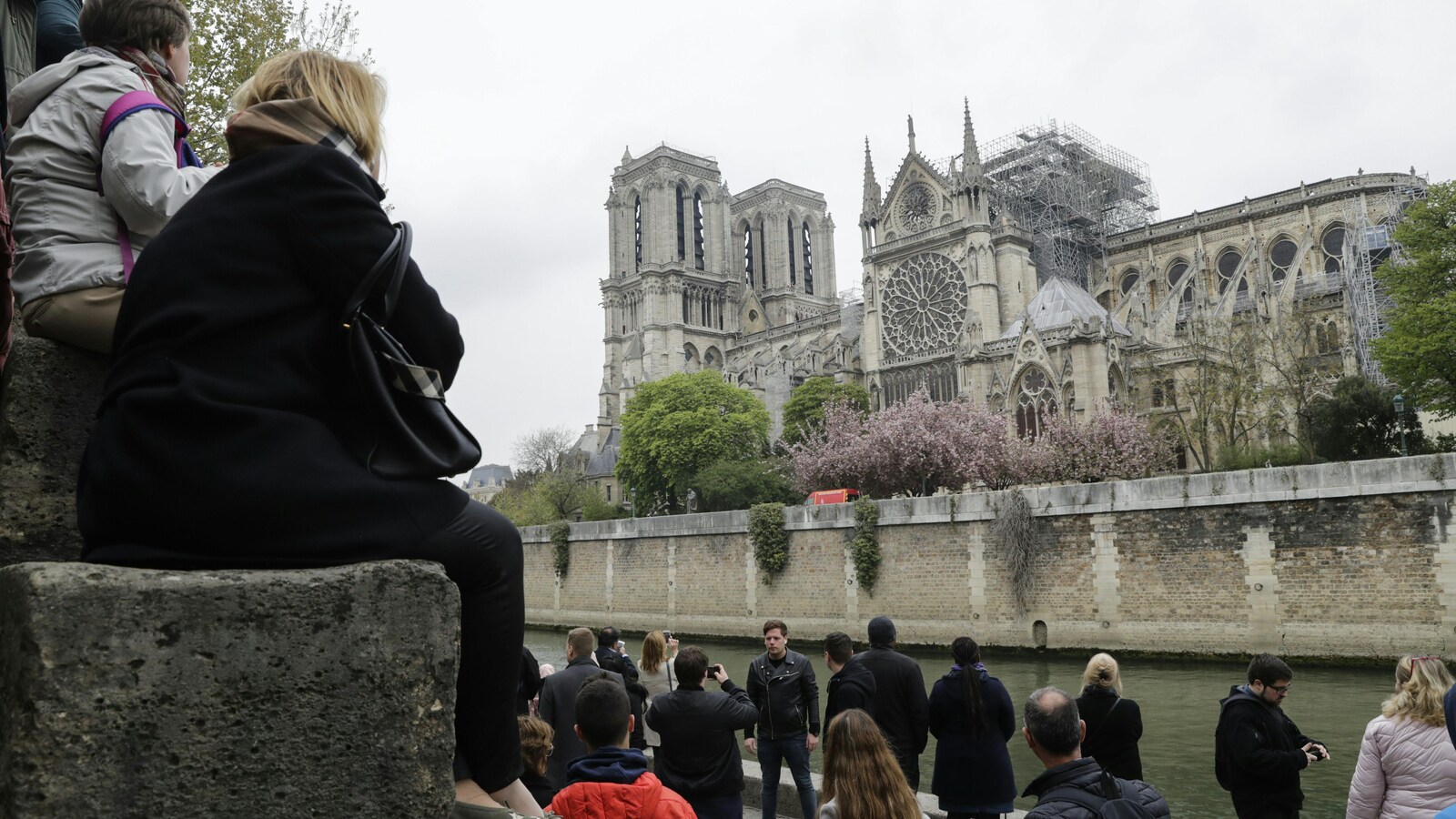 Une vingtaine de personnes sont sur un quai de la Seine, près de la cathédrale. Nombreux sont ceux qui prennent des photos.