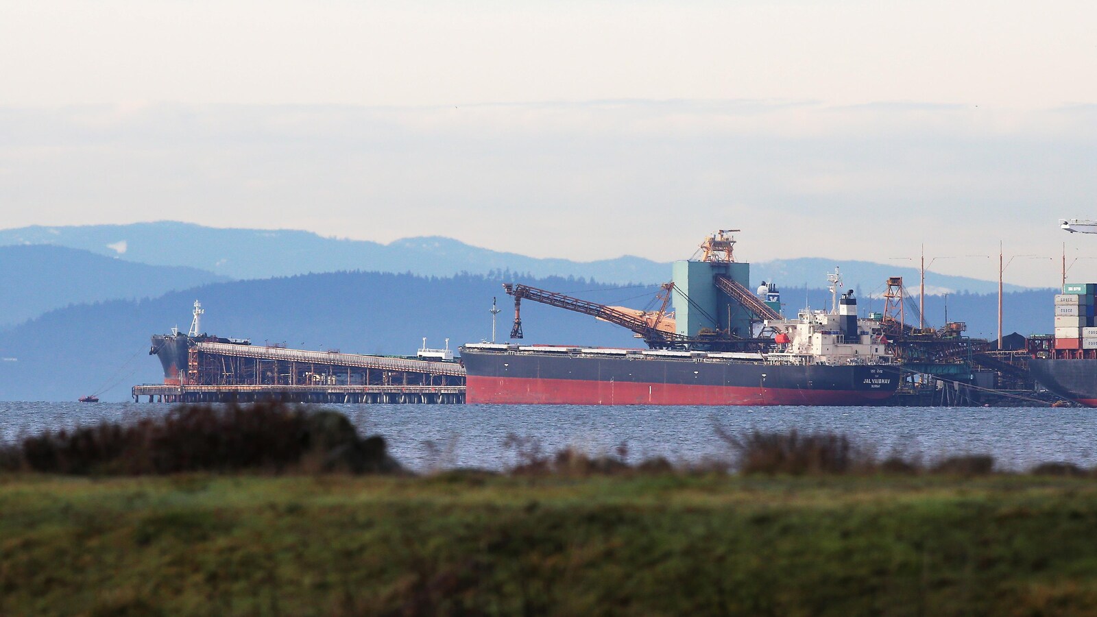 Deux navires sont amarrés au quai de chargement d'un port avec, en arrière-plan, des montagnes. Une grue y transborde de la marchandise, le 15 janvier 2018.
