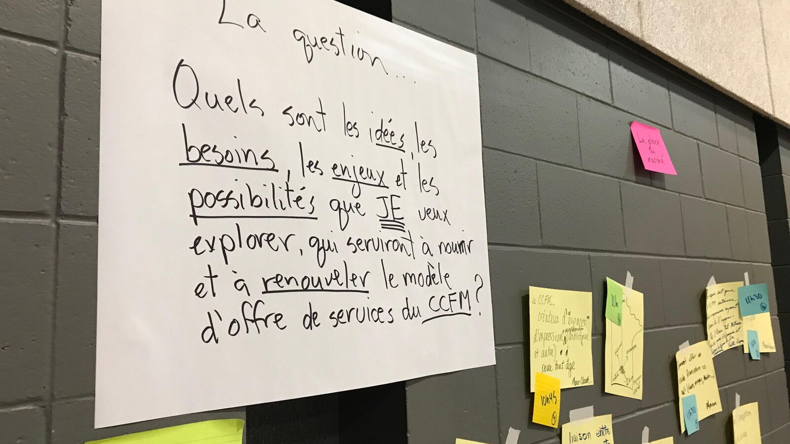 Sur un mur gris, des cartons jaunes et un carton blanc où il est écrit : « La question... Quels sont les idées, les besoins, les enjeux et les possibilités que JE veux explorer, qui serviront à nourrir et à renouveler le modèle d'offre de services du CCFM?