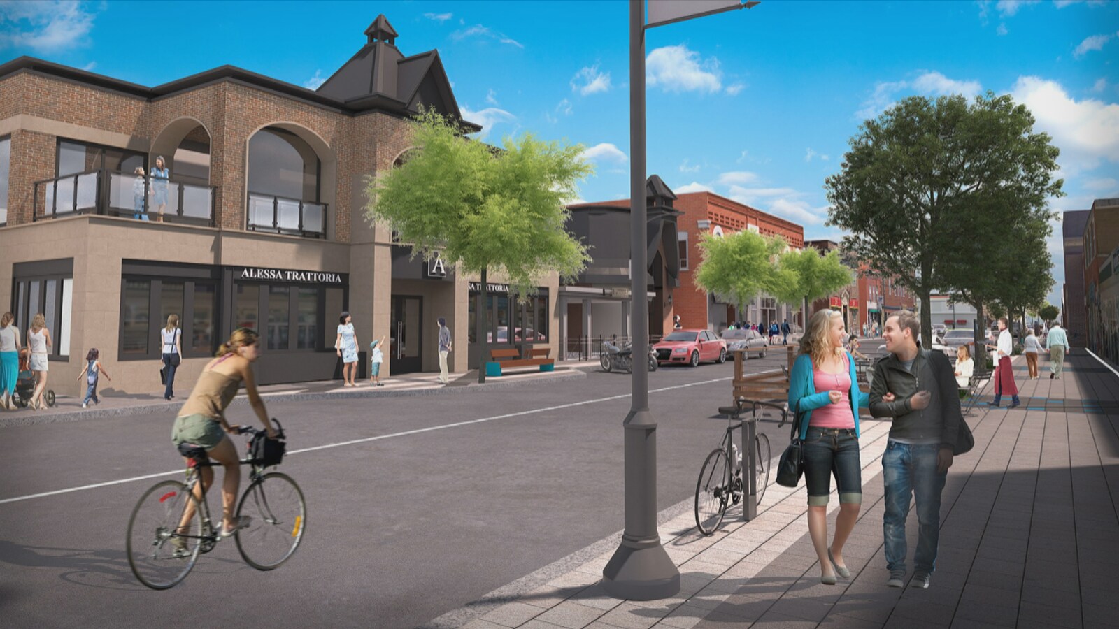 Un aperçu du futur centre-ville de Magog. Les trottoirs sont élargis, un vélo circule sur la rue et les fils électriques ont disparu.