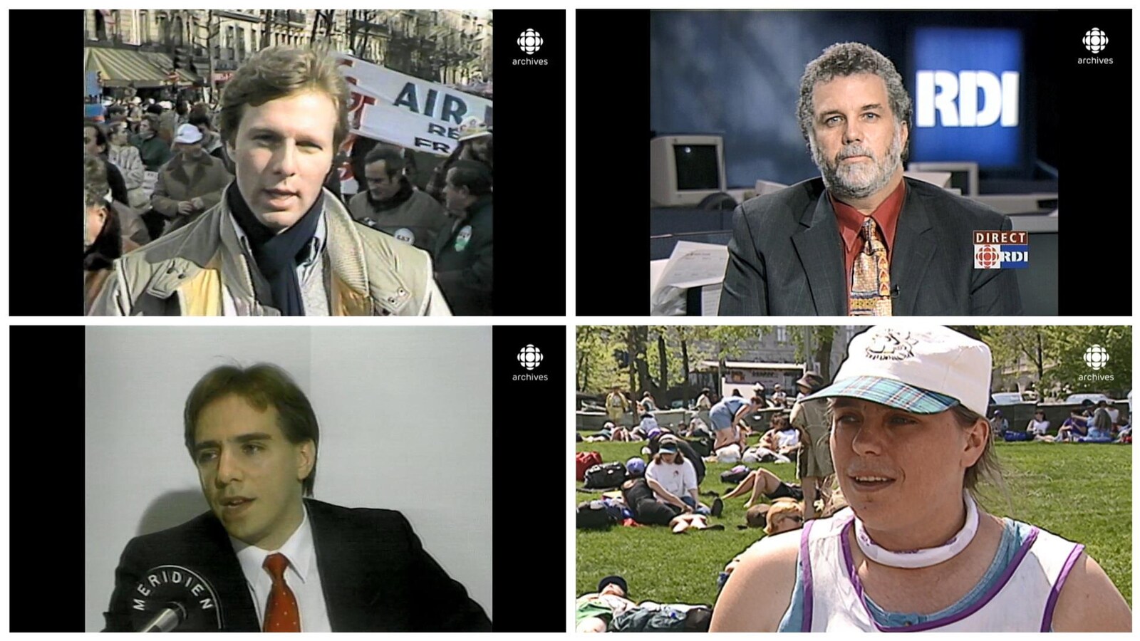 Écran divisé avec des captures d'archives de Jean-François Lisée, Philippe Couillard, François Legault et Manon Massé.