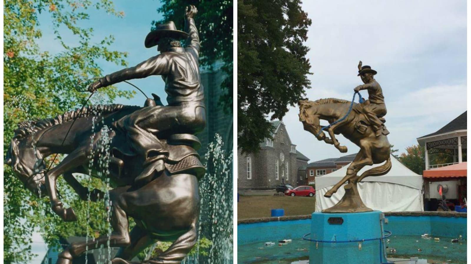 La sculpture de Luc Laramée originale à gauche et peinte de couleur or par la Ville de Saint-Tite à droite.