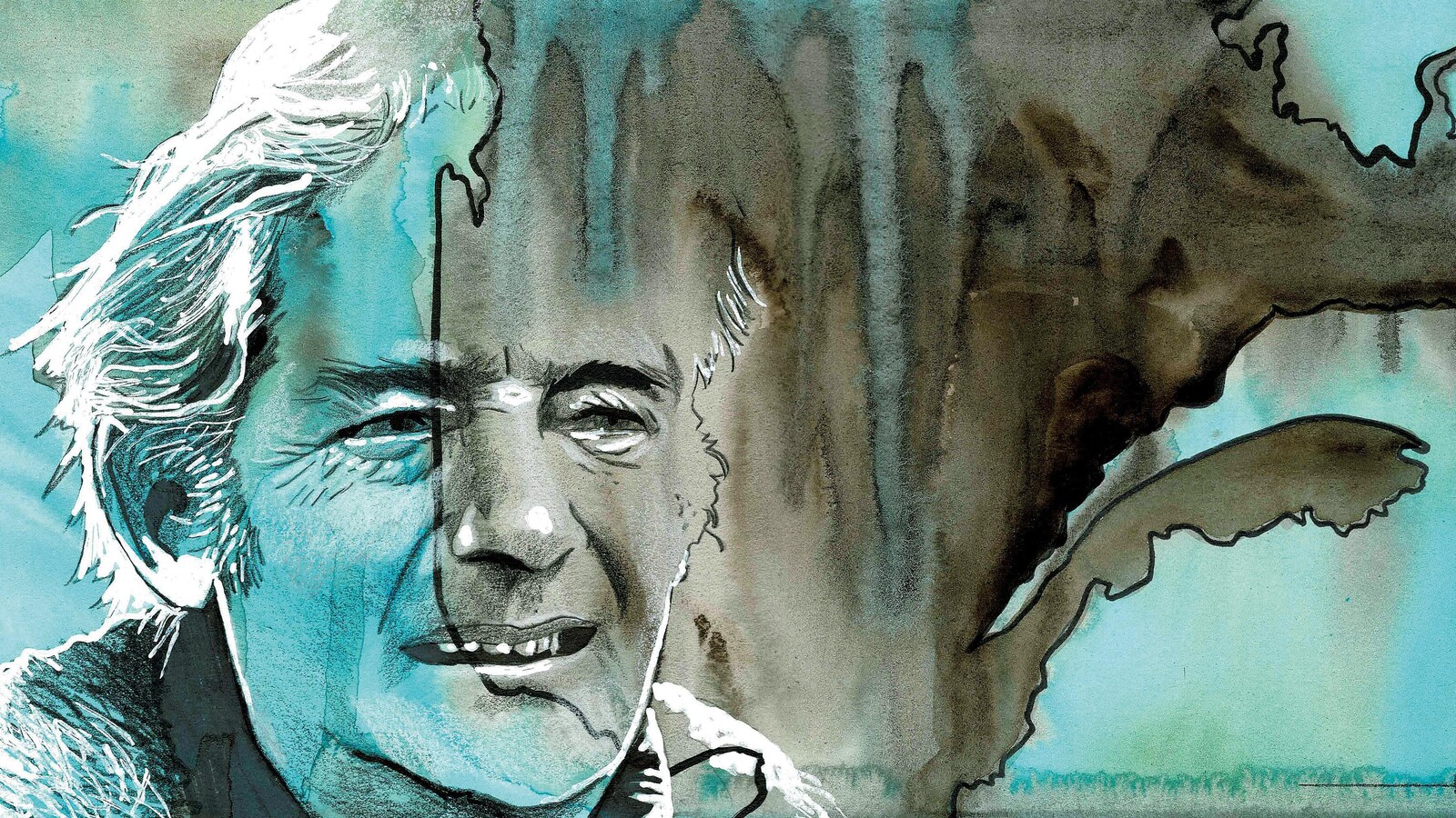 Un portrait de Félix Leclerc en bleu et gris peint par l'artiste Christian Quesnel