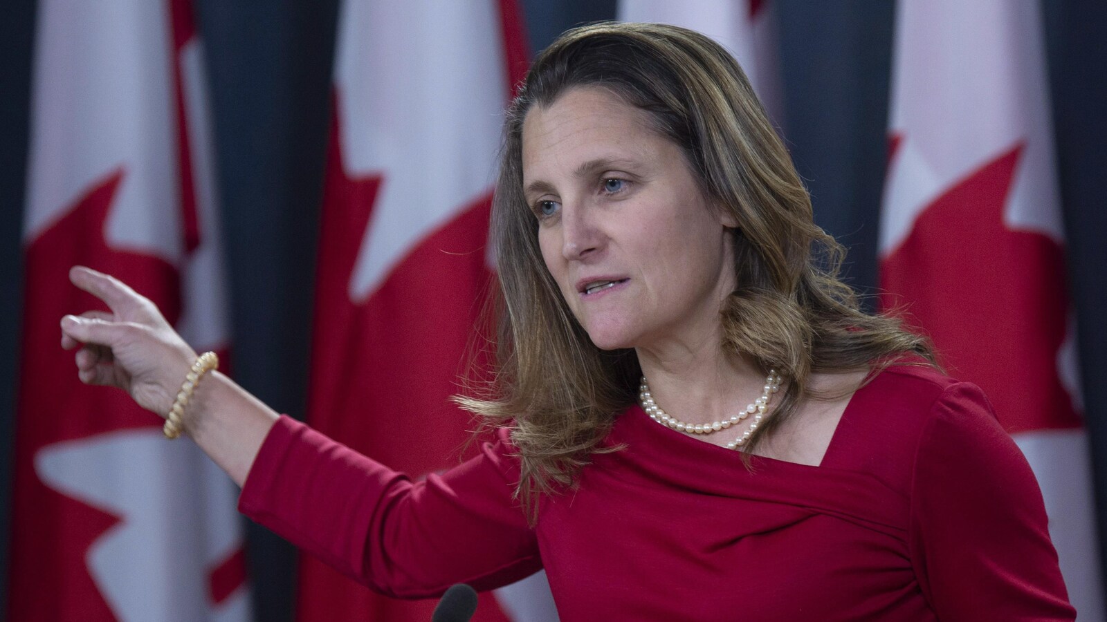 La ministre des Affaires étrangères Chrystia Freeland répond aux questions des journalistes lors d'une conférence de presse.