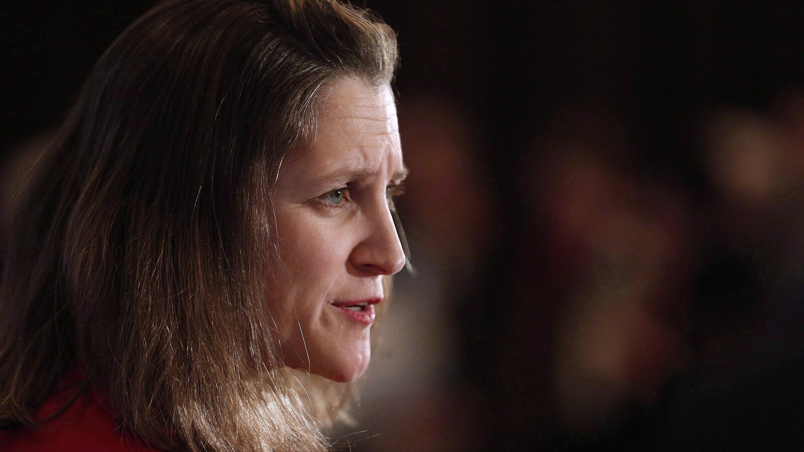 La ministre des Affaires étrangères du Canada, Chrystia Freeland, en point de presse