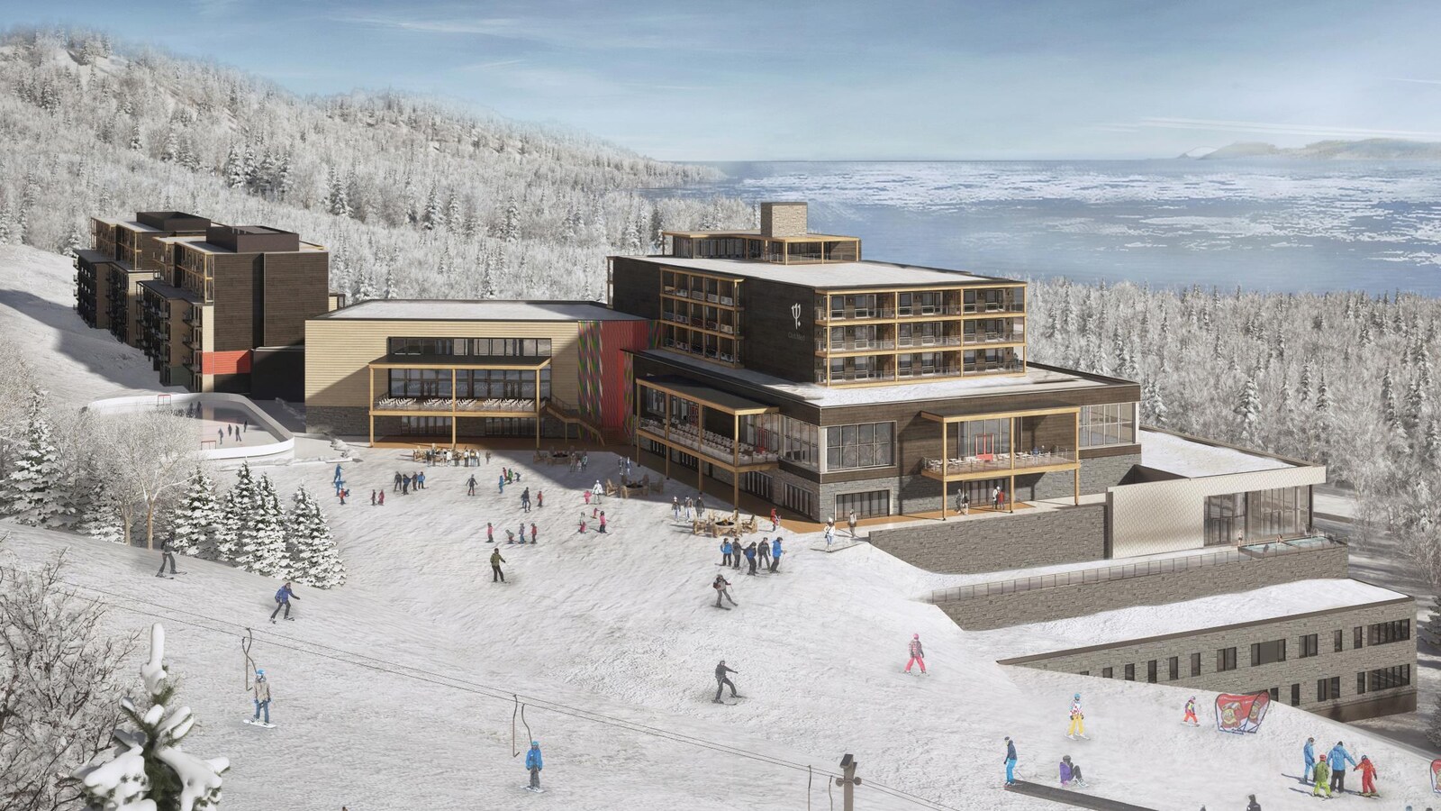 Esquisse du projet de Club Med Québec Charlevoix. Des bâtiments sont bâtis à flanc de montagne avec vue sur le fleuve.