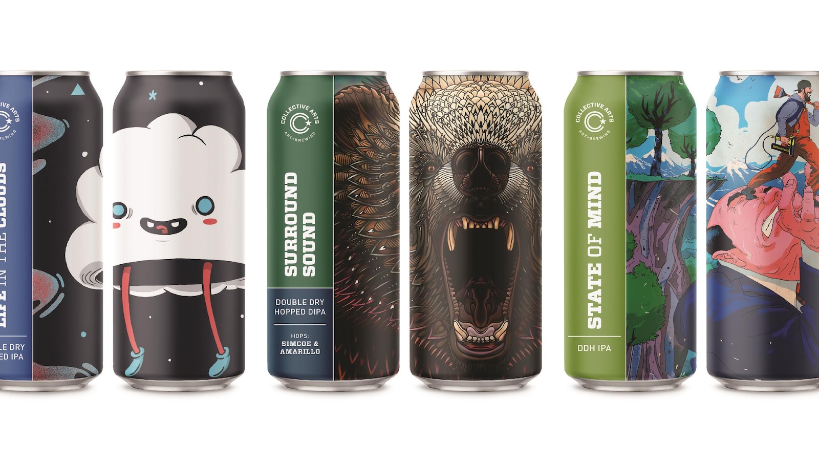 Une sélection de canettes de bière arborant des illustrations très colorées