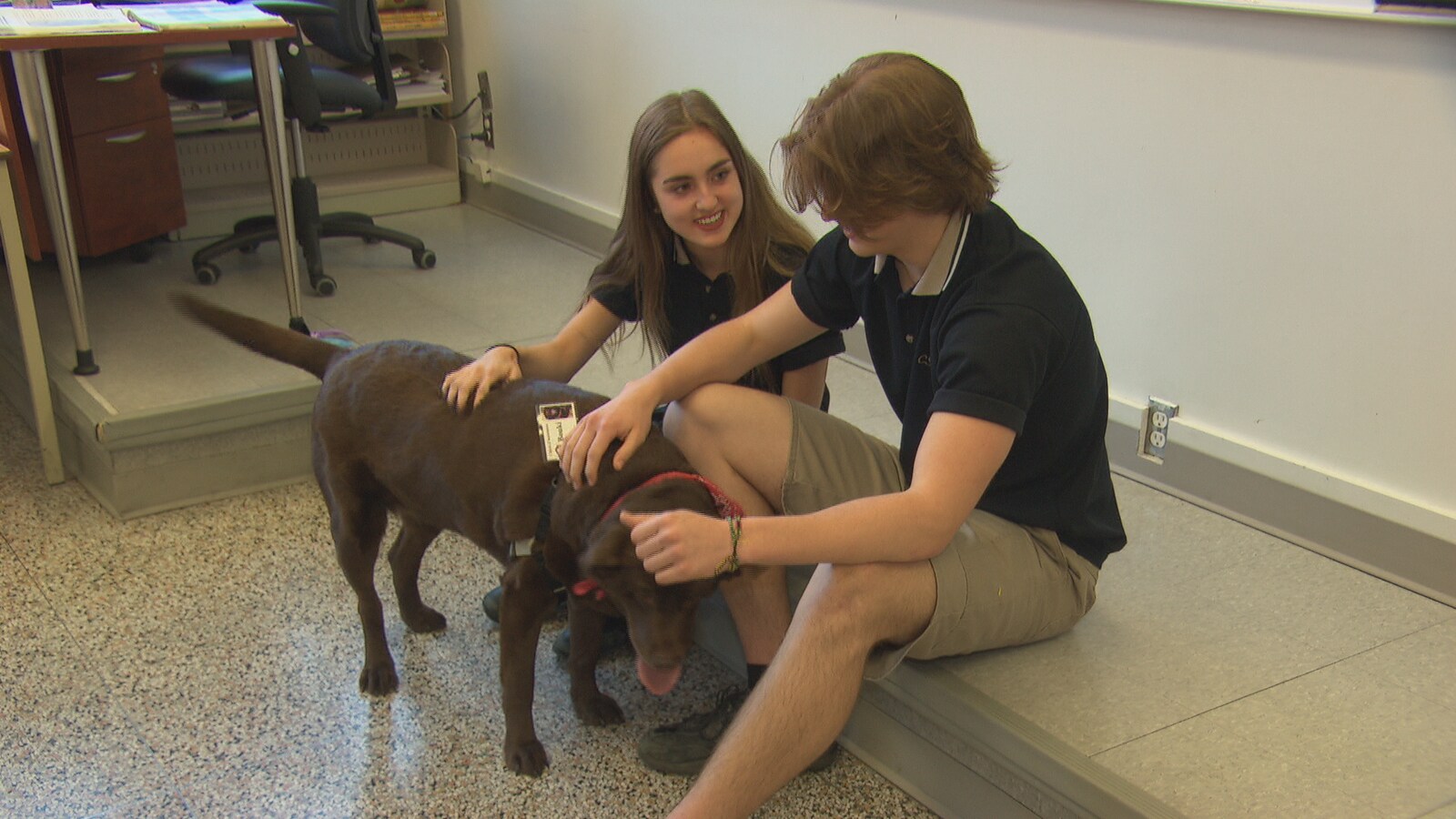 Deux élèves dans une classe avec un chien brun.