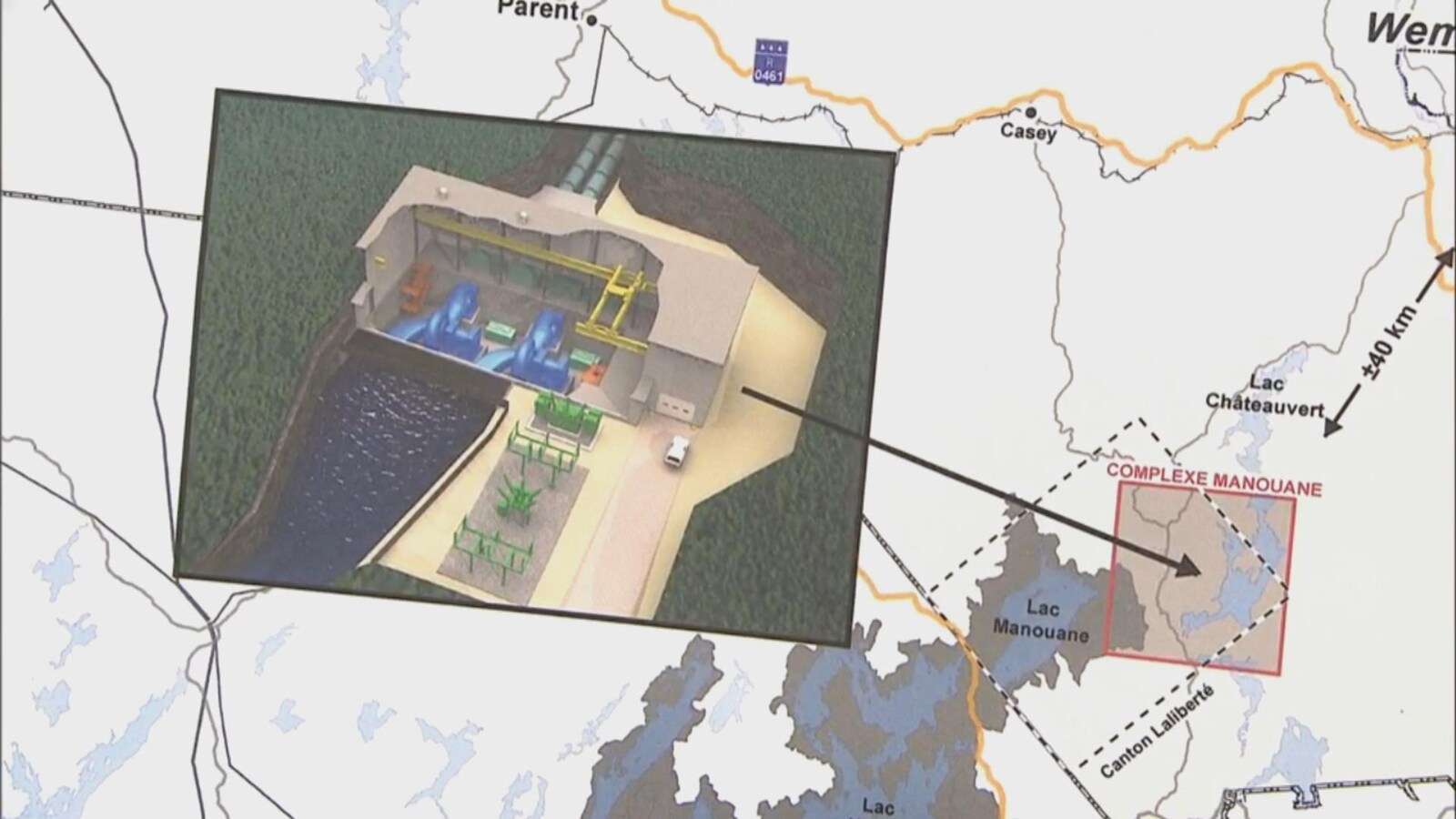 Schéma et carte de la minicentrale envisagée sur la rivière Manouane, en Haute-Mauricie