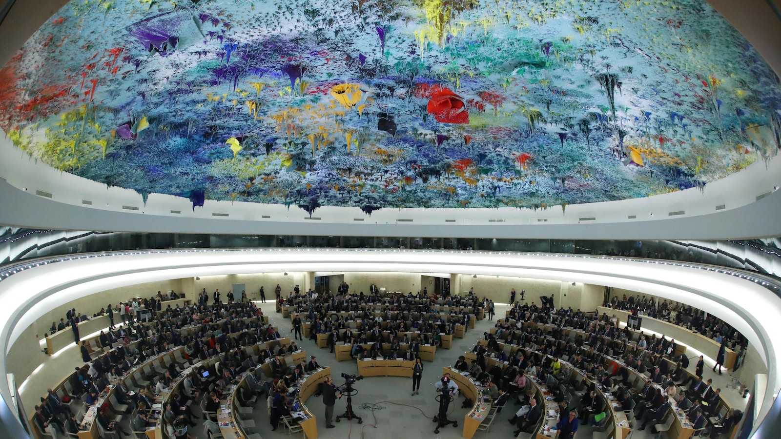 Une réunion du Conseil des droits de l'homme de l'ONU, dans la salle où il siège, à Genève, en Suisse.