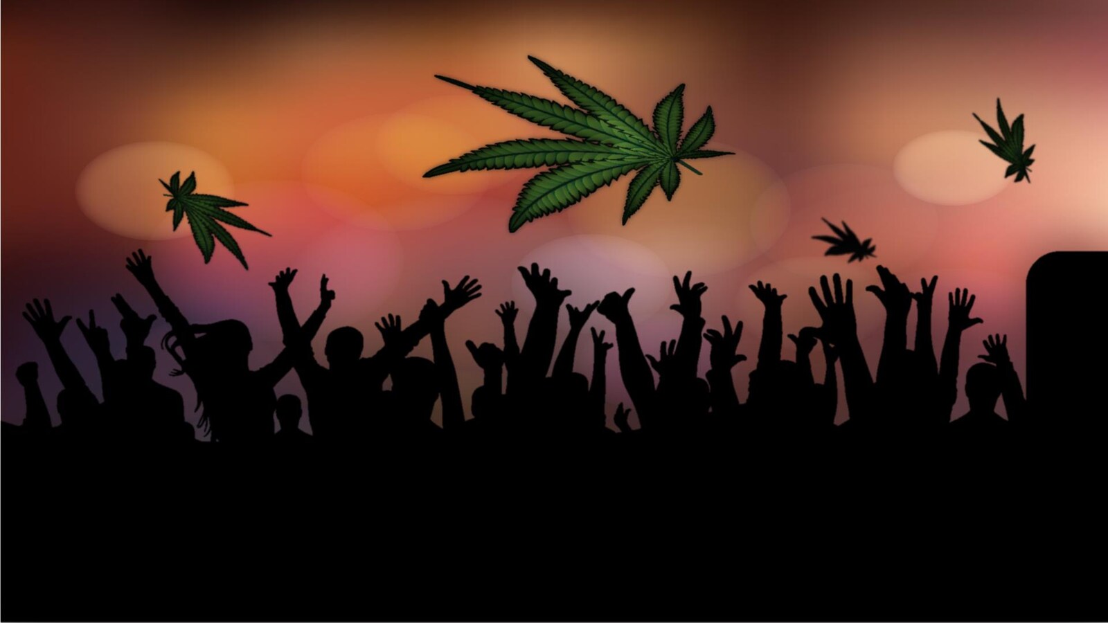 Une illustration montrant une foule soulevant des feuilles de cannabis.