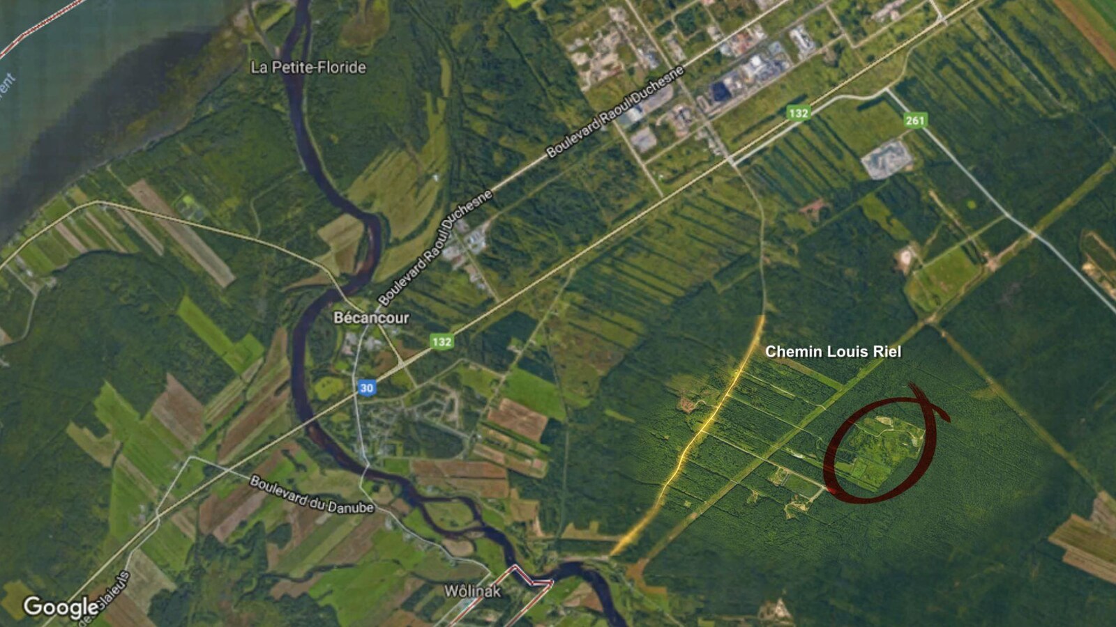 Carte satellite de l'endroit du terrain contaminé des anciennes usines Recyclage Aluminium Québec et Alsa Aluminium