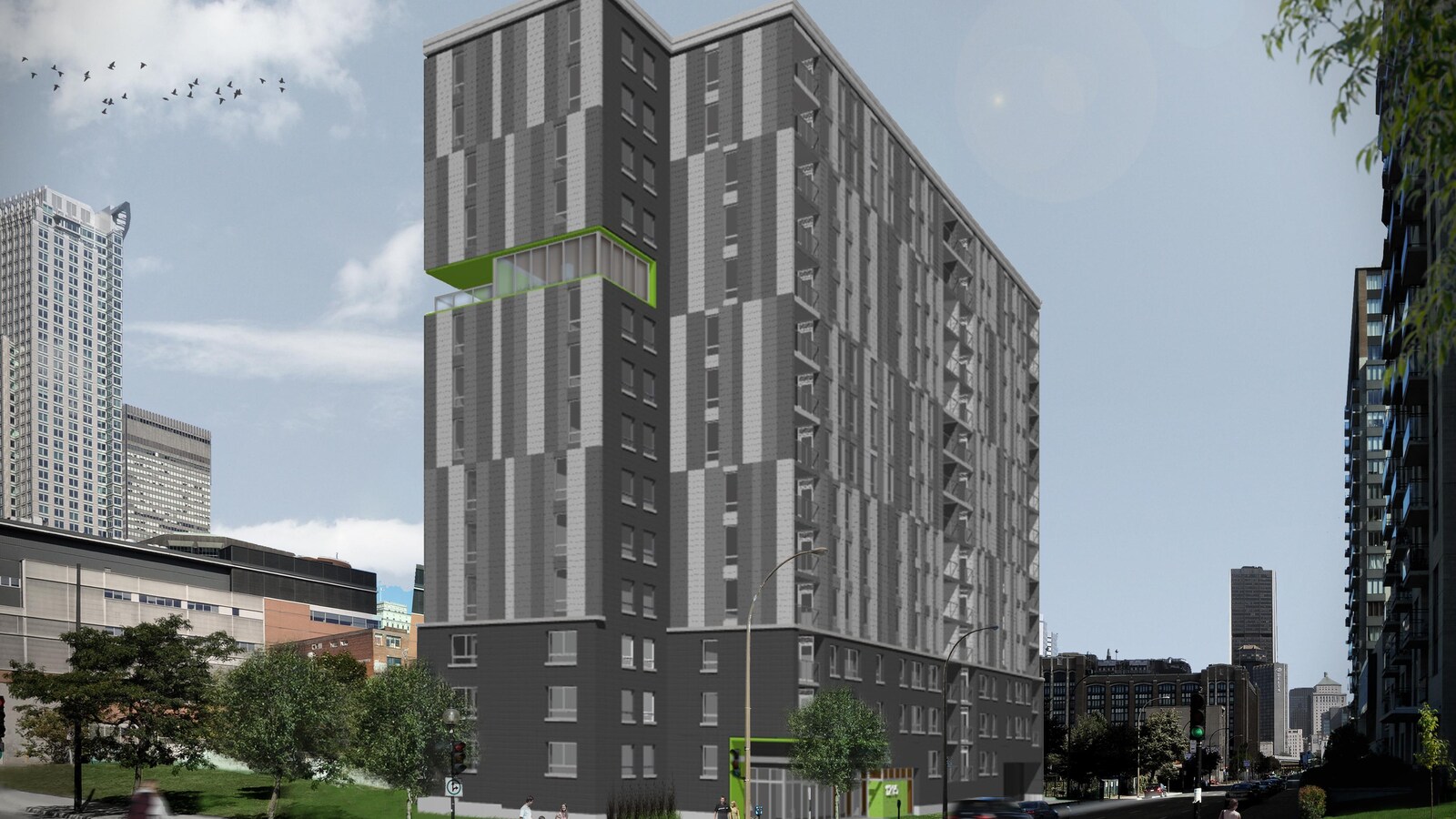 La coopérative de la Montagne verte sera construite à l'intersection des rues de la Montagne et Saint-Antoine à Montréal. L'édifice aura 14 étages.