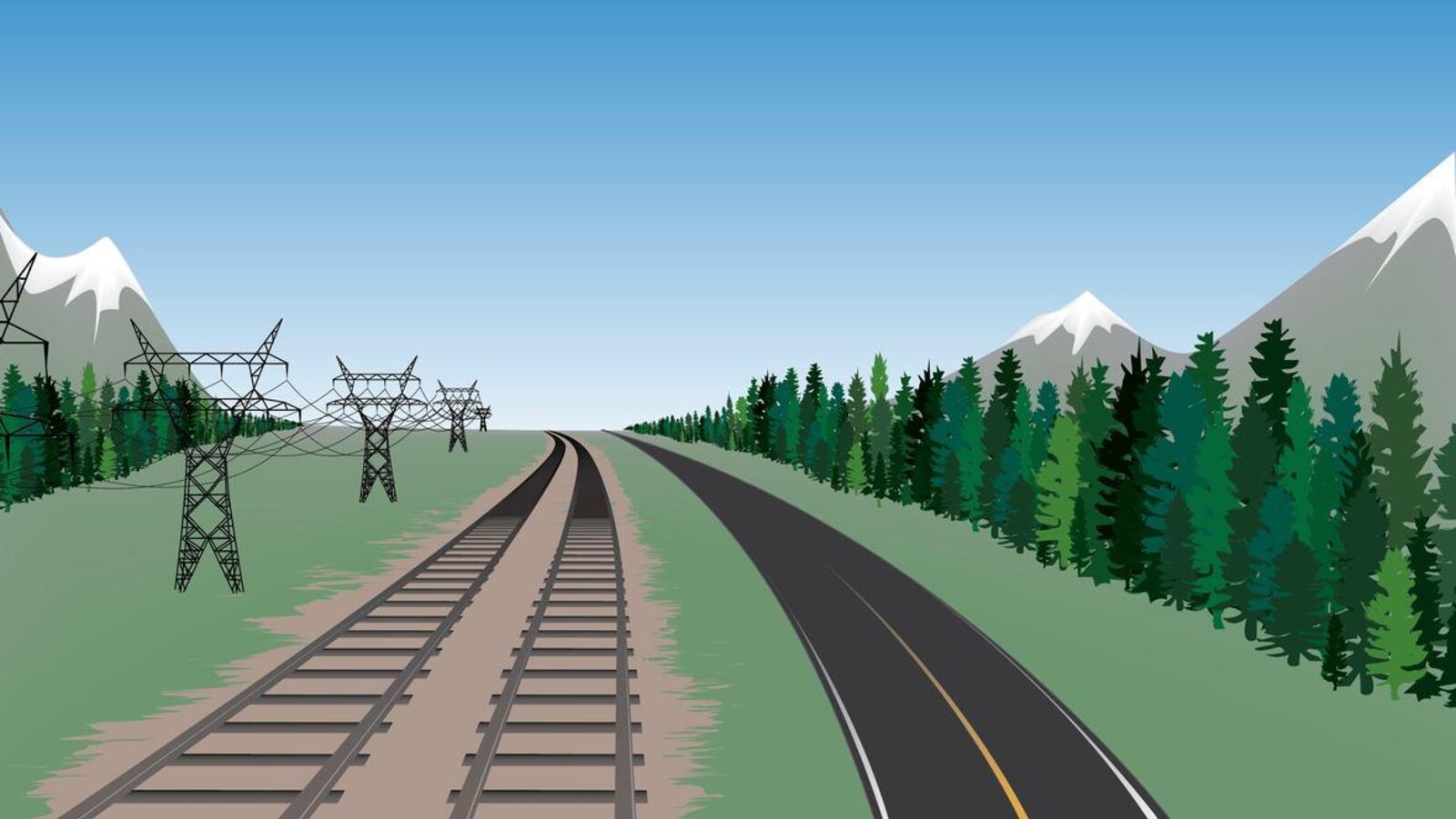 Dessin en couleurs montrant des voies ferrées, une route, des pylones électriques et des arbres.