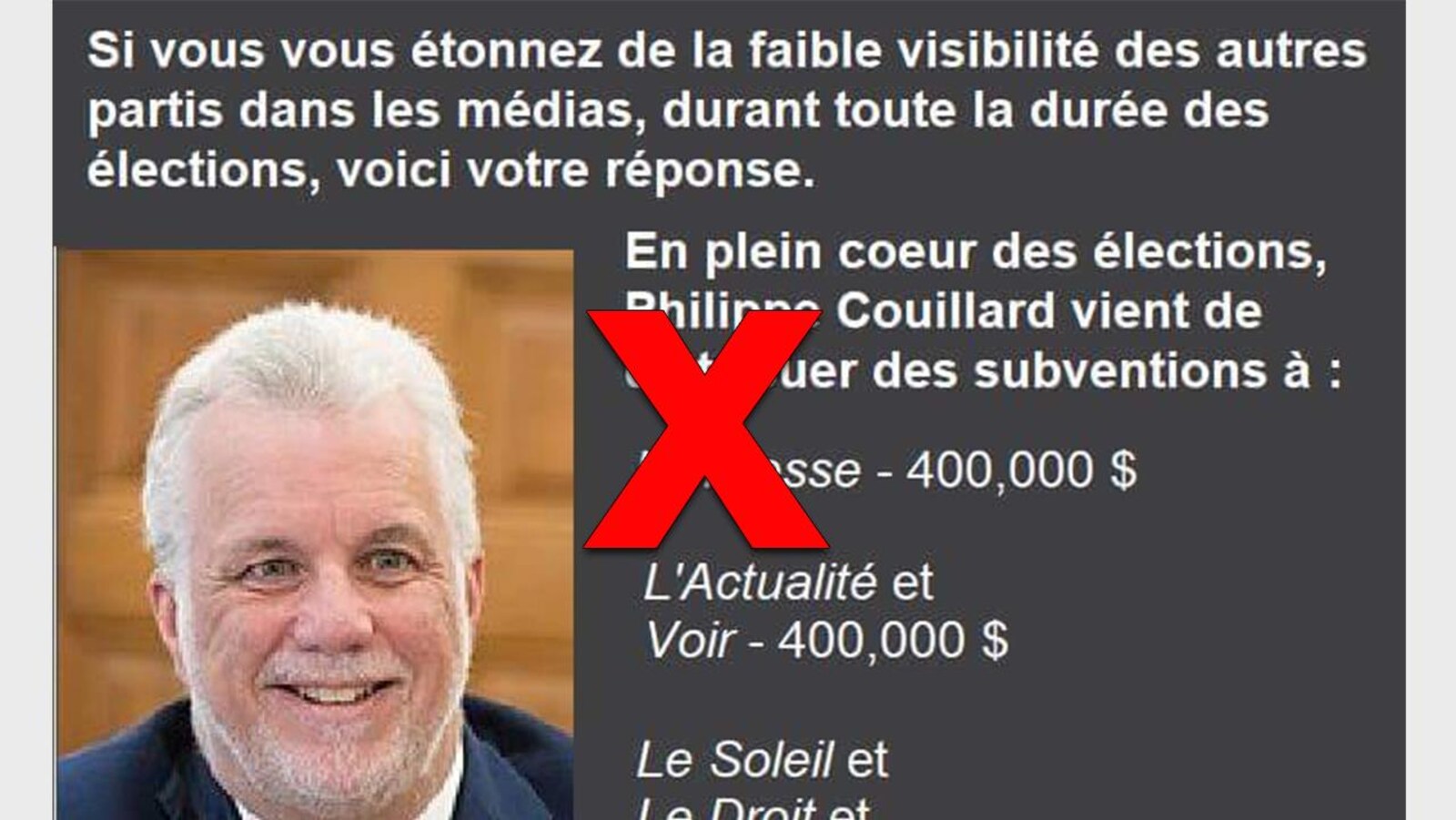 Nous voyons une image du premier ministre du Québec, Philippe Couillard. « Si vous vous étonnez de la faible visibilité des autres partis dans les médias durant toute la durée des élections, voici votre réponse (sic) », est-il écrit. On affirme ensuite que plusieurs médias, dont « La Presse » et « L'actualité », ont reçu des subventions de 400 000 $.