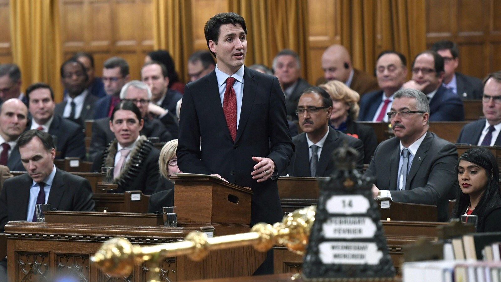 Le premier ministre Justin Trudeau lors de son discours, le 14 février 2018, proposant une nouvelle approche pour garantir le respect des droits des Autochtones inscrits dans la Constitution.
