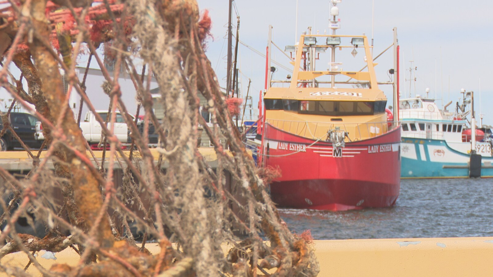 Gros plan sur un casier de pêche au crabe sur le quai avec les bateaux en arrière-plan.