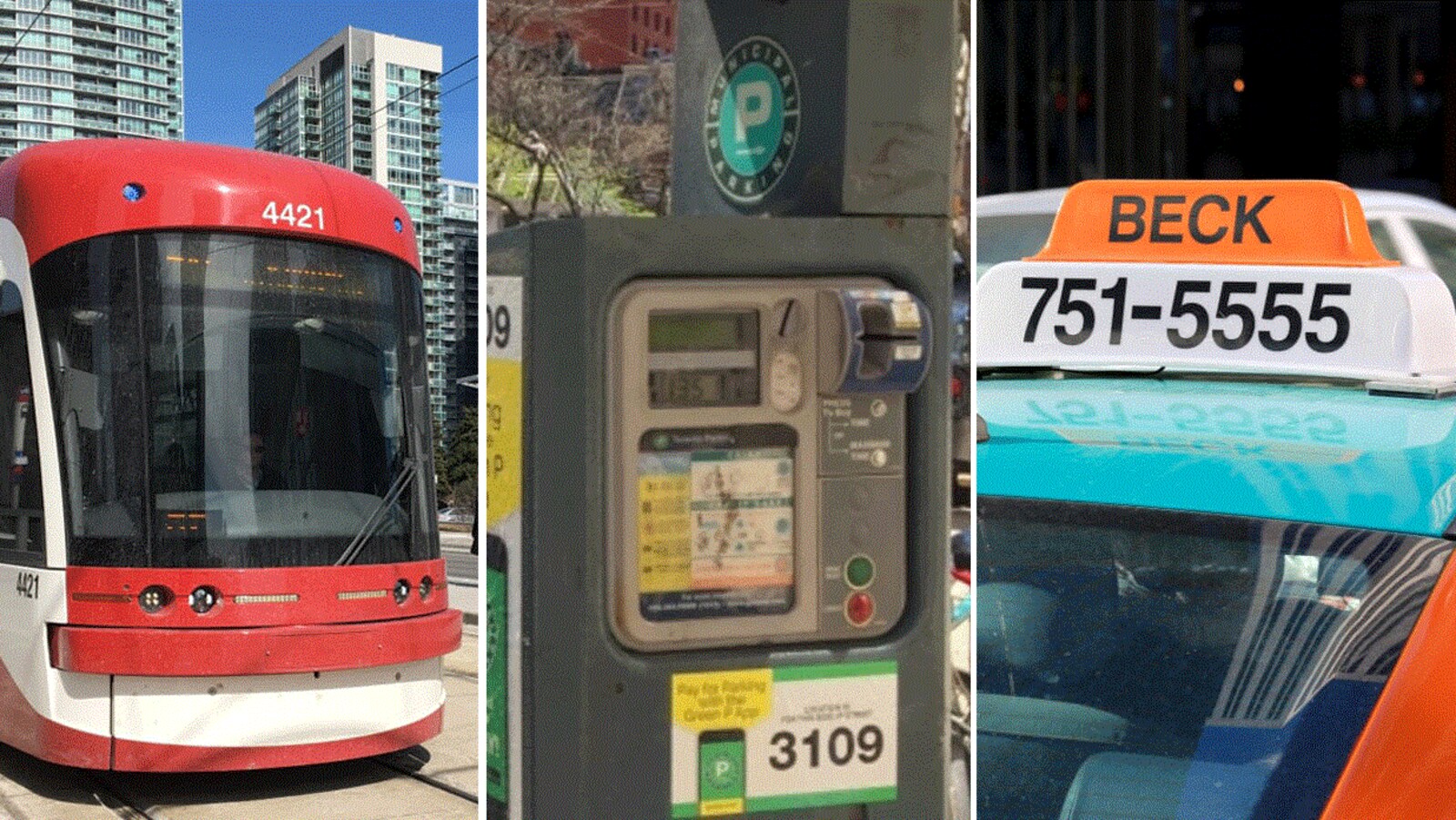 Mosaïque de photos montrant un tramway rouge, un parcomètre électronique et un taxi.