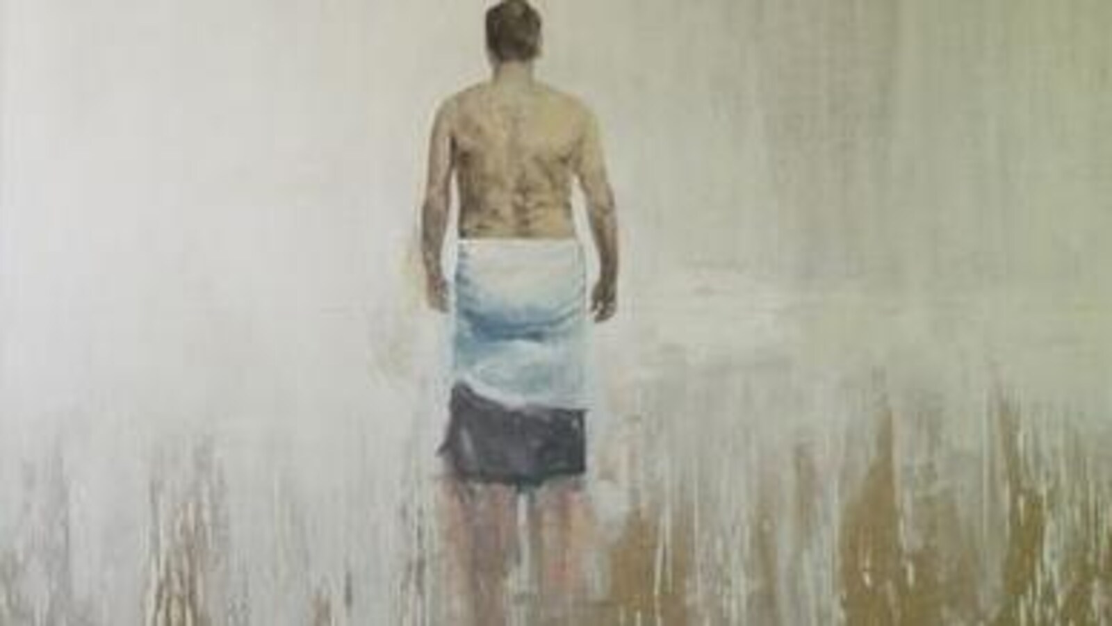 Toile montrant un homme de dos portant seulement une serviette.