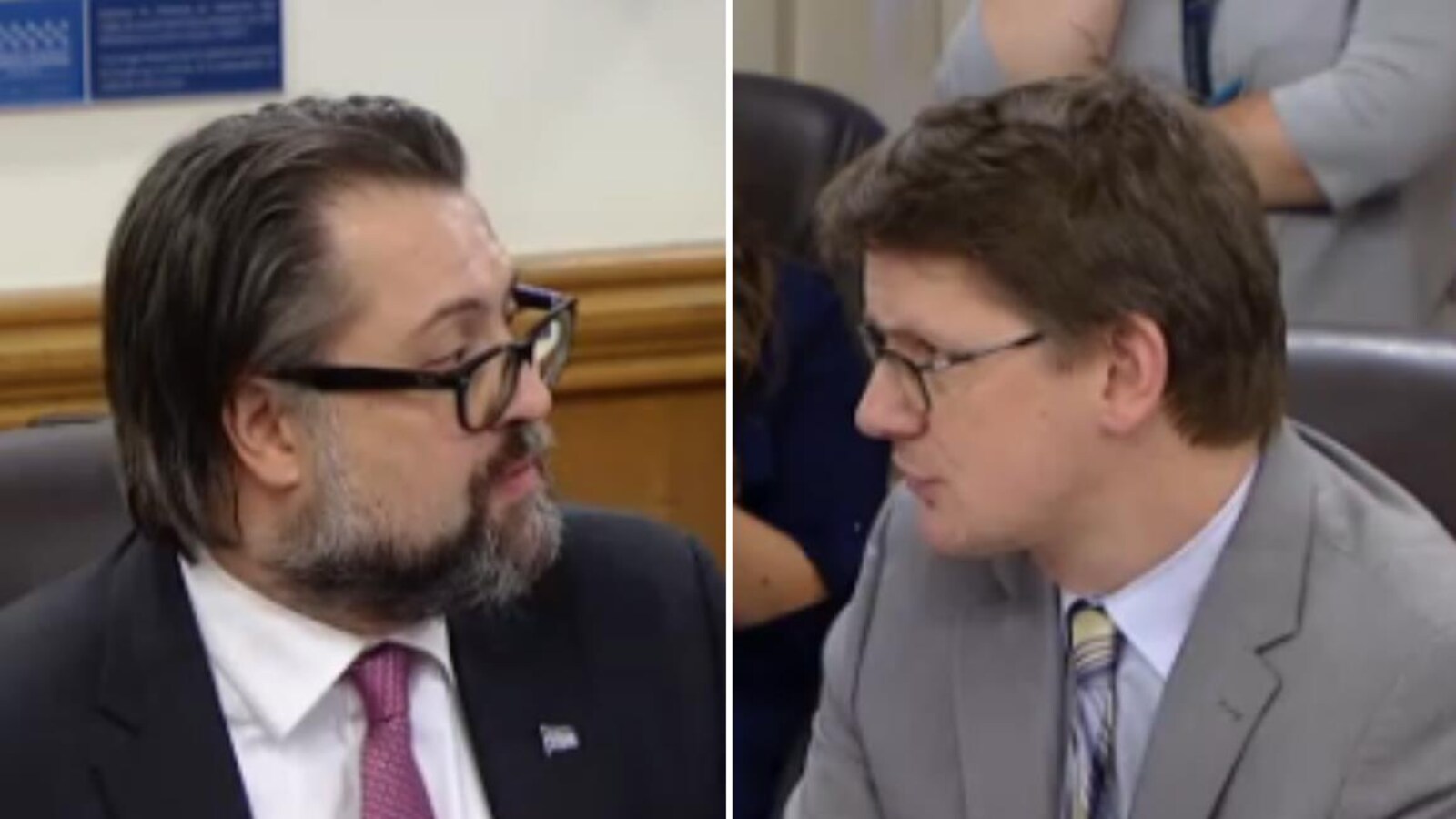Le ministre David Heurtel et le député Sylvain Gaudreault, en commission parlementaire