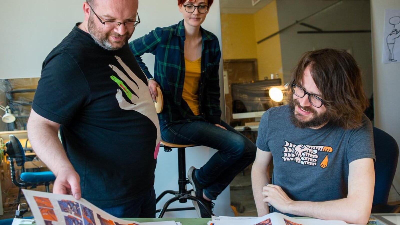 Jimmy Beaulieu, Sophie Bédard et Vincent Giard dans leur atelier de la plaza Saint-Hubert, en mai 2018.