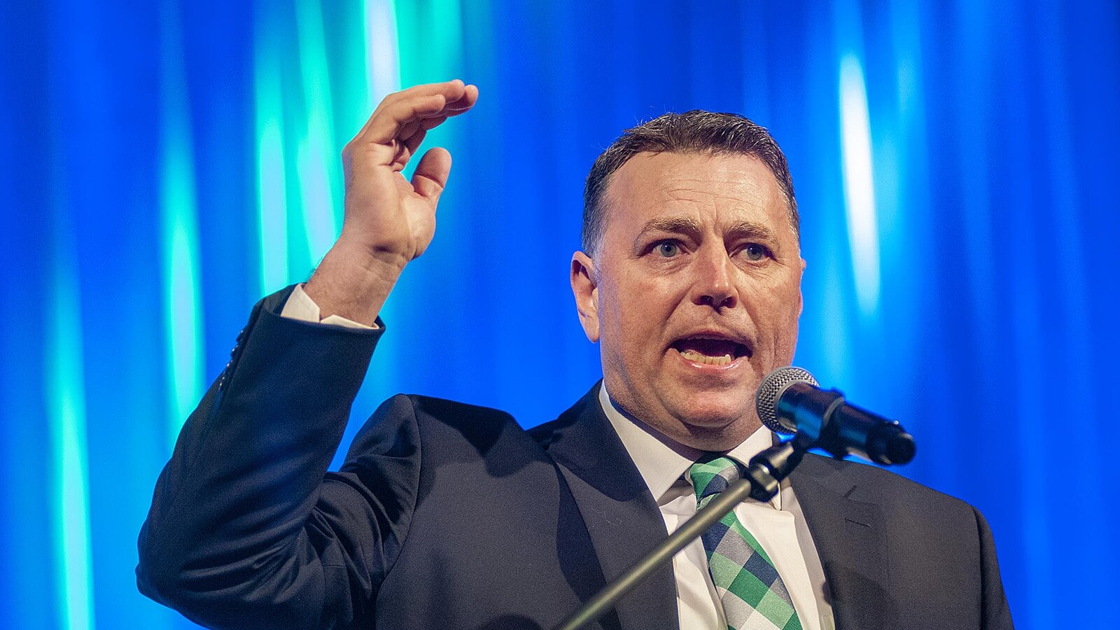 Dennis King s'adresse aux membres du Parti progressiste-conservateur de l'Île-du-Prince-Édouard le 9 février 2019 à Charlottetown.