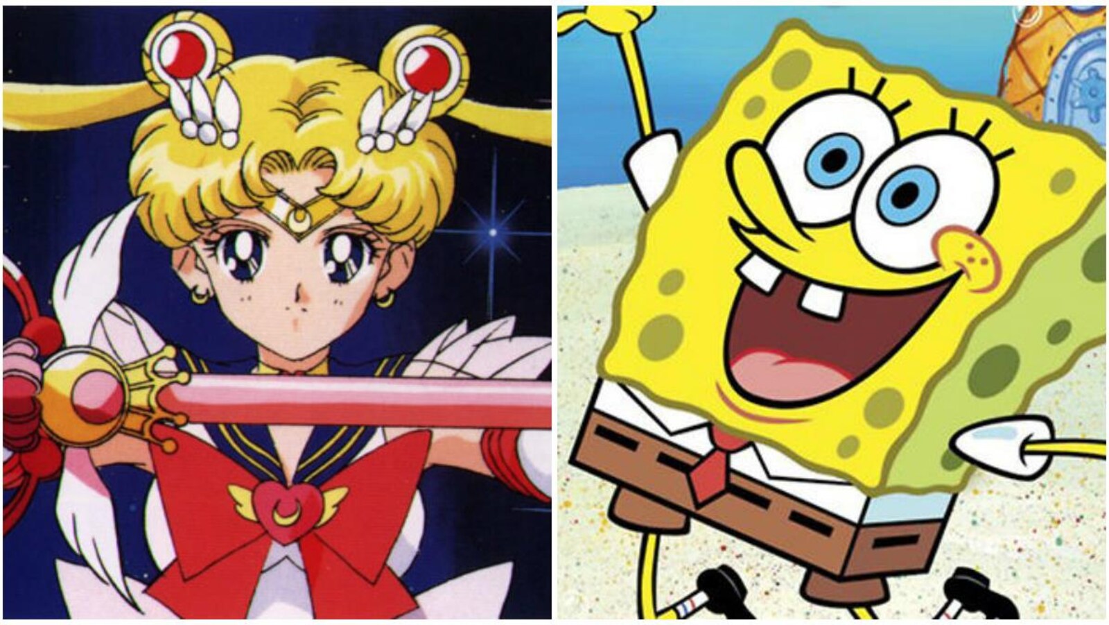 Les personnages de dessins animés Sailor Moon et Bob l'éponge.