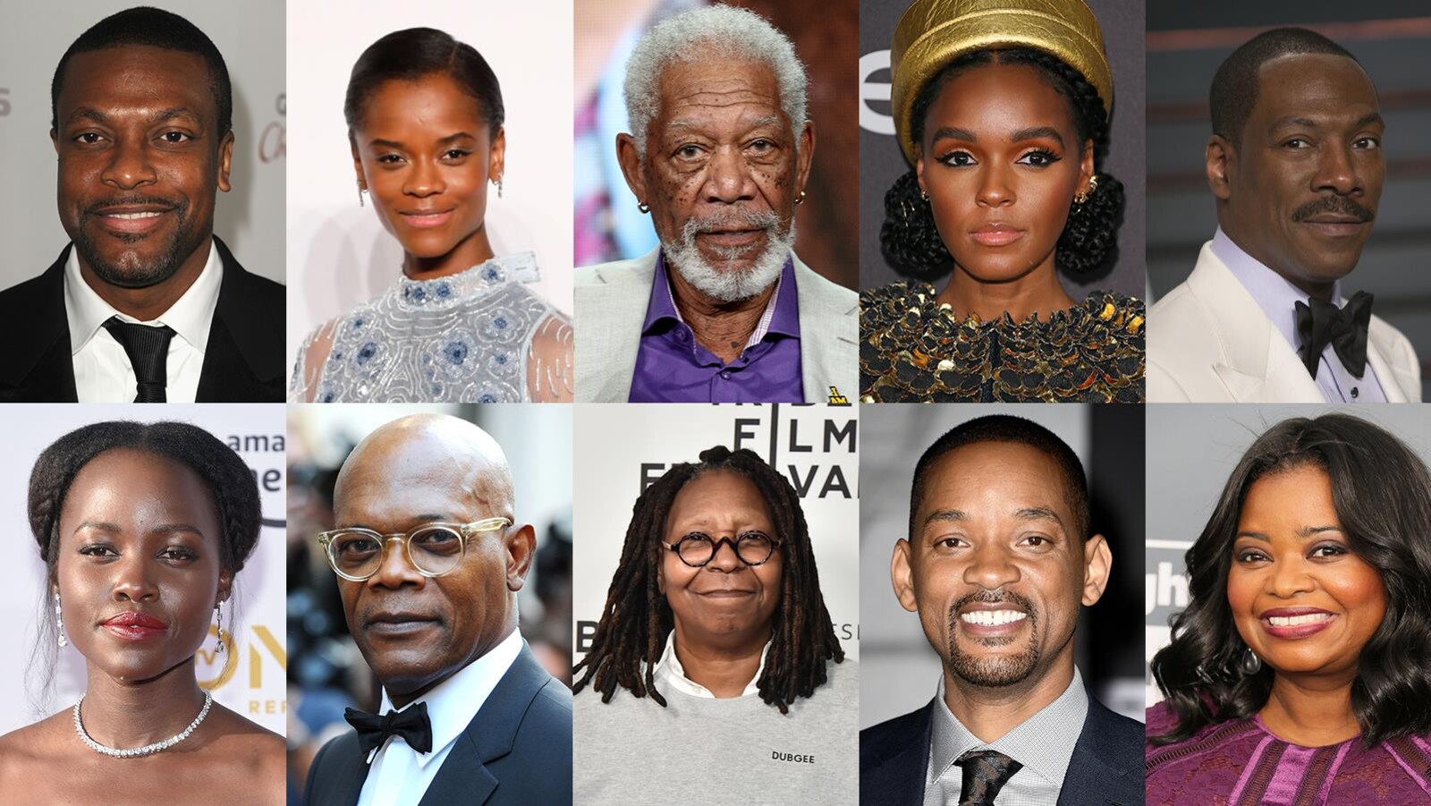 Une montage photo avec les comédiens Chris Tucker, Letitia Wright, Morgan Freeman, Janelle Monae, Eddie Murphy, Lupita Nyong'o, Samuel L. Jackson, Whoopi Goldberg, Will Smith et Octavia Spencer.
