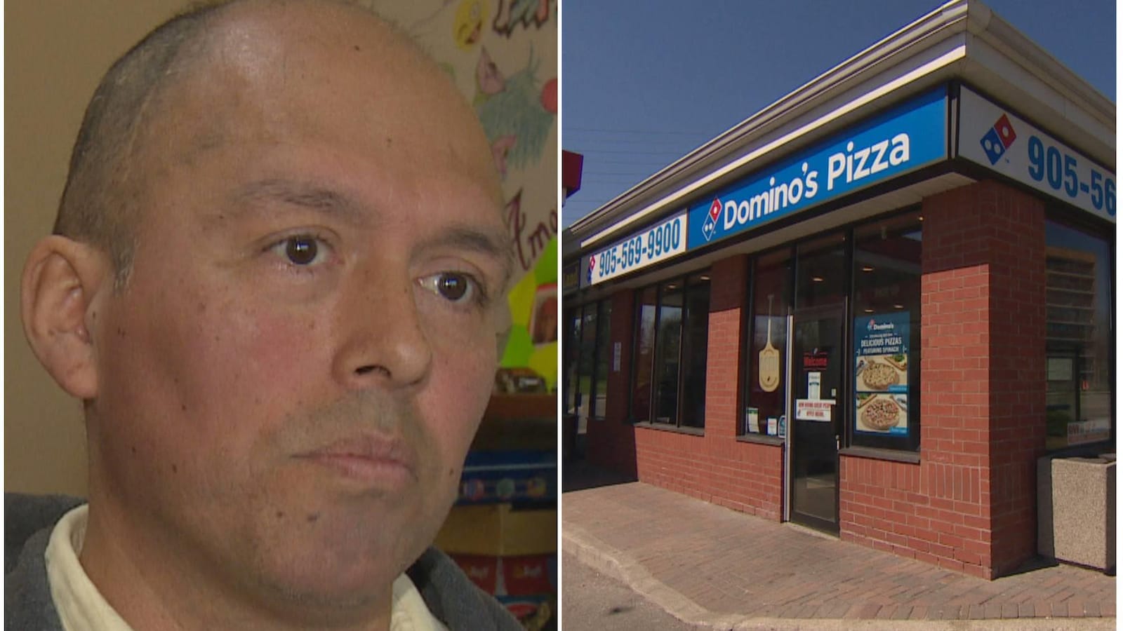 Gros plan du visage d'un homme à côté de la photo de la façade de la pizzeria Domino's où il travaillait.