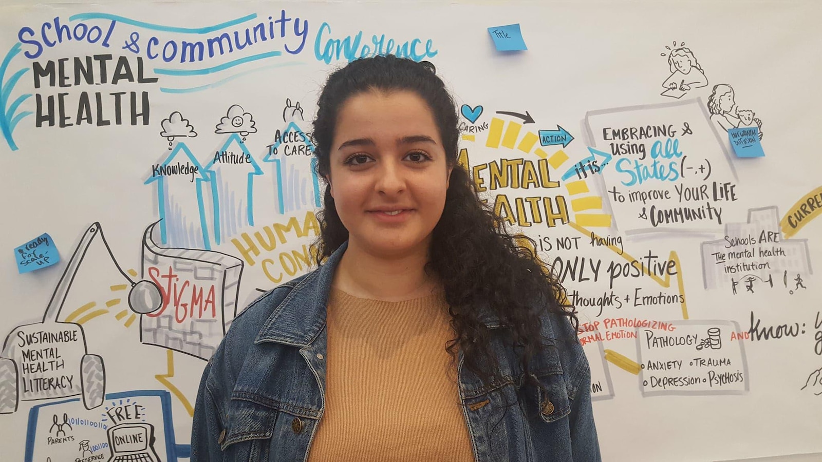 La jeune fille porte une veste en jean, elle est debout dos à un tableau de dessins sur la santé mentale.