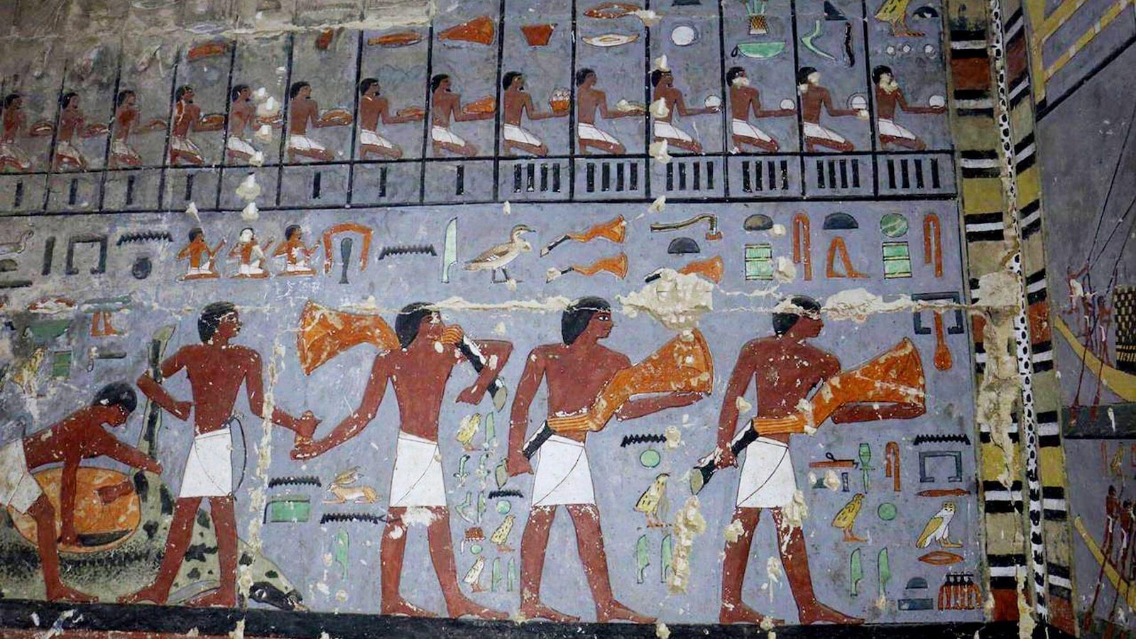 Un mur de la tombe d'un noble de la cinquième dynastie à Saqqarah.