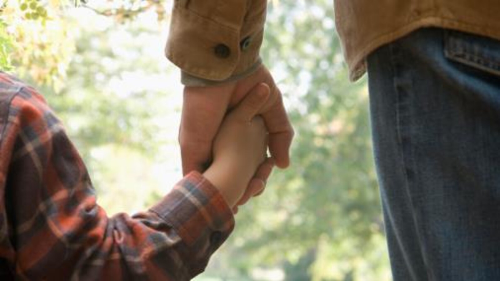 Un adulte tient la main d'un enfant.