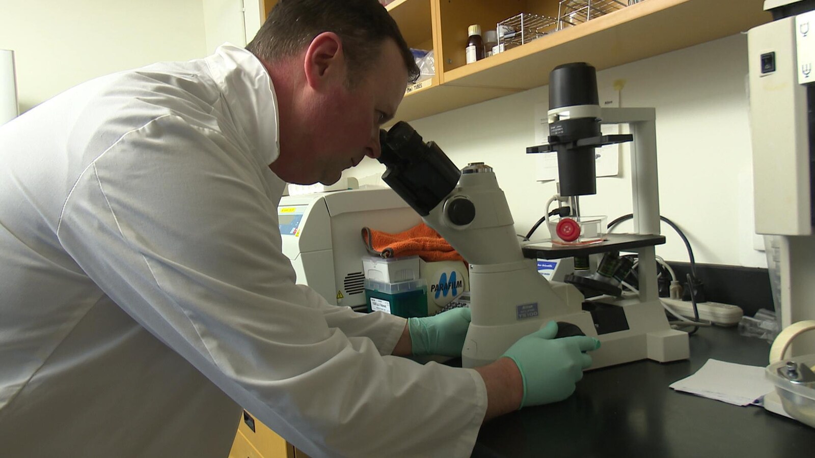 Le docteur regarde dans un microscope.