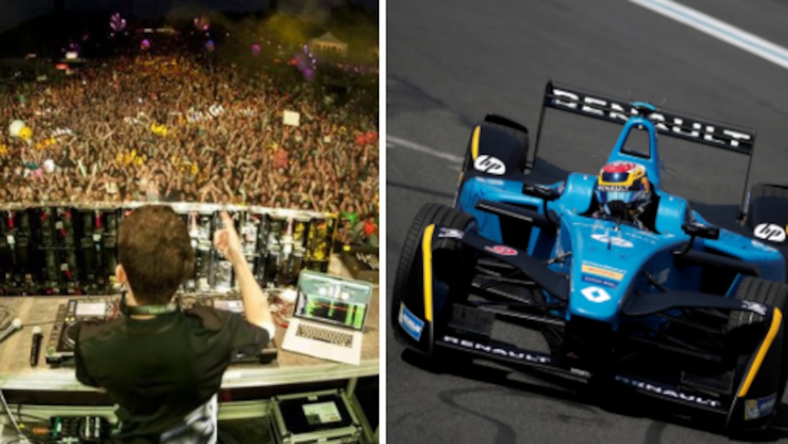 Un montage photo montre un DJ qui offre une prestation devant une énorme foule et une voiture de formule électrique.