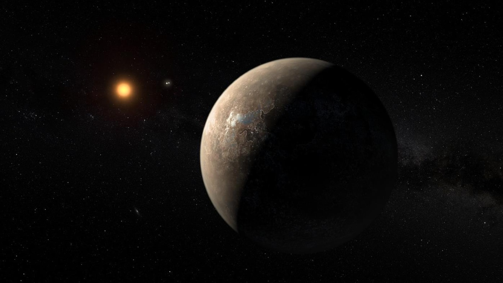 Représentation artistique de l'exoplanète Proxima b en orbite autour de Proxima du Centaure.