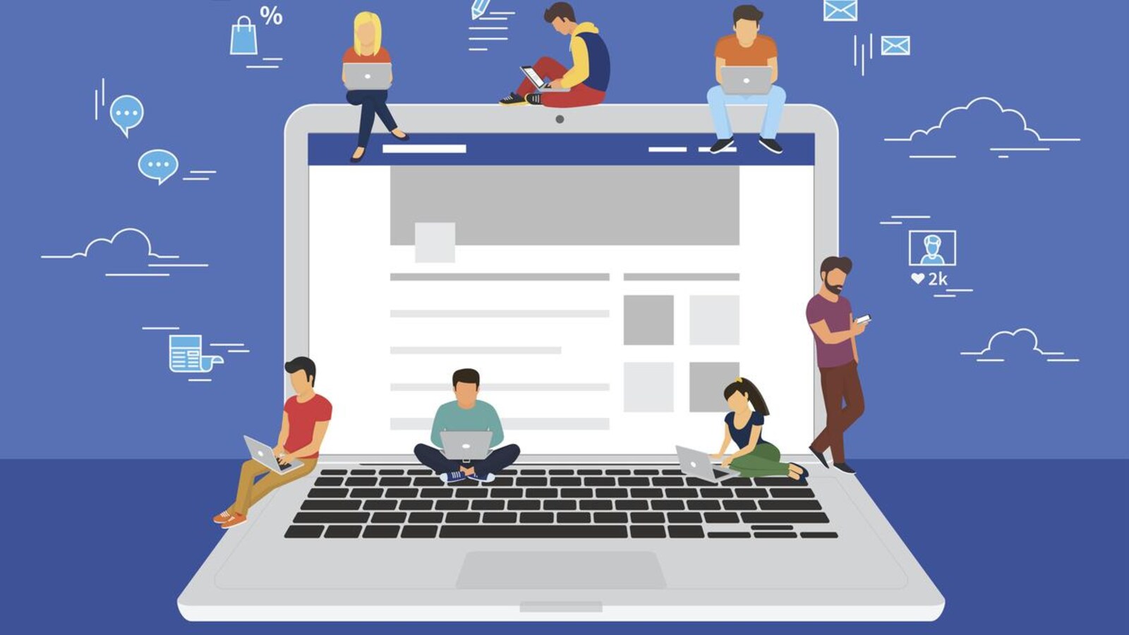 Illustration montrant des hommes et des femmes surfant sur le site de Facebook sur des cellulaires et des ordinateurs portables.