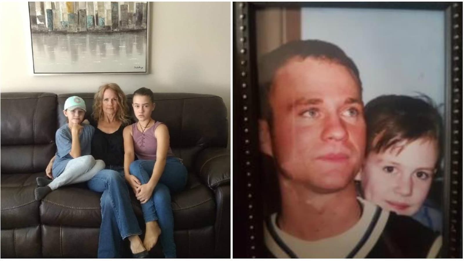 Une mère et ses deux filles assises sur un sofa. Une photo du père dans un cadre.