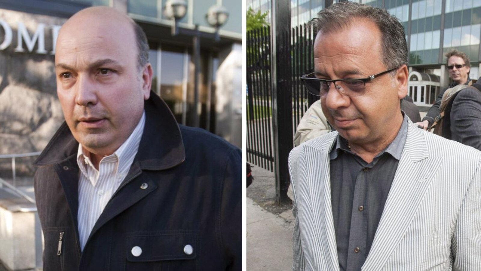 Photo montage montrant deux hommes, l'un porte des lunettes et l'autre porte une veste au col relevé.