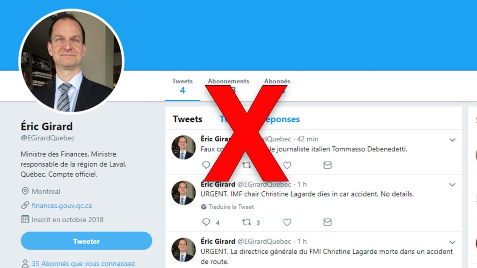 Il s'agit d'un compte Twitter où on peut voir la photo et le nom du ministre Éric Girard.