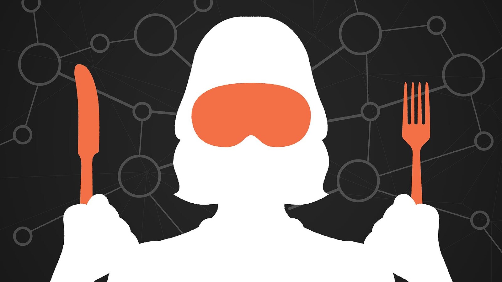 Une silhouette de femme portant un masque et des mains tenant des couverts.