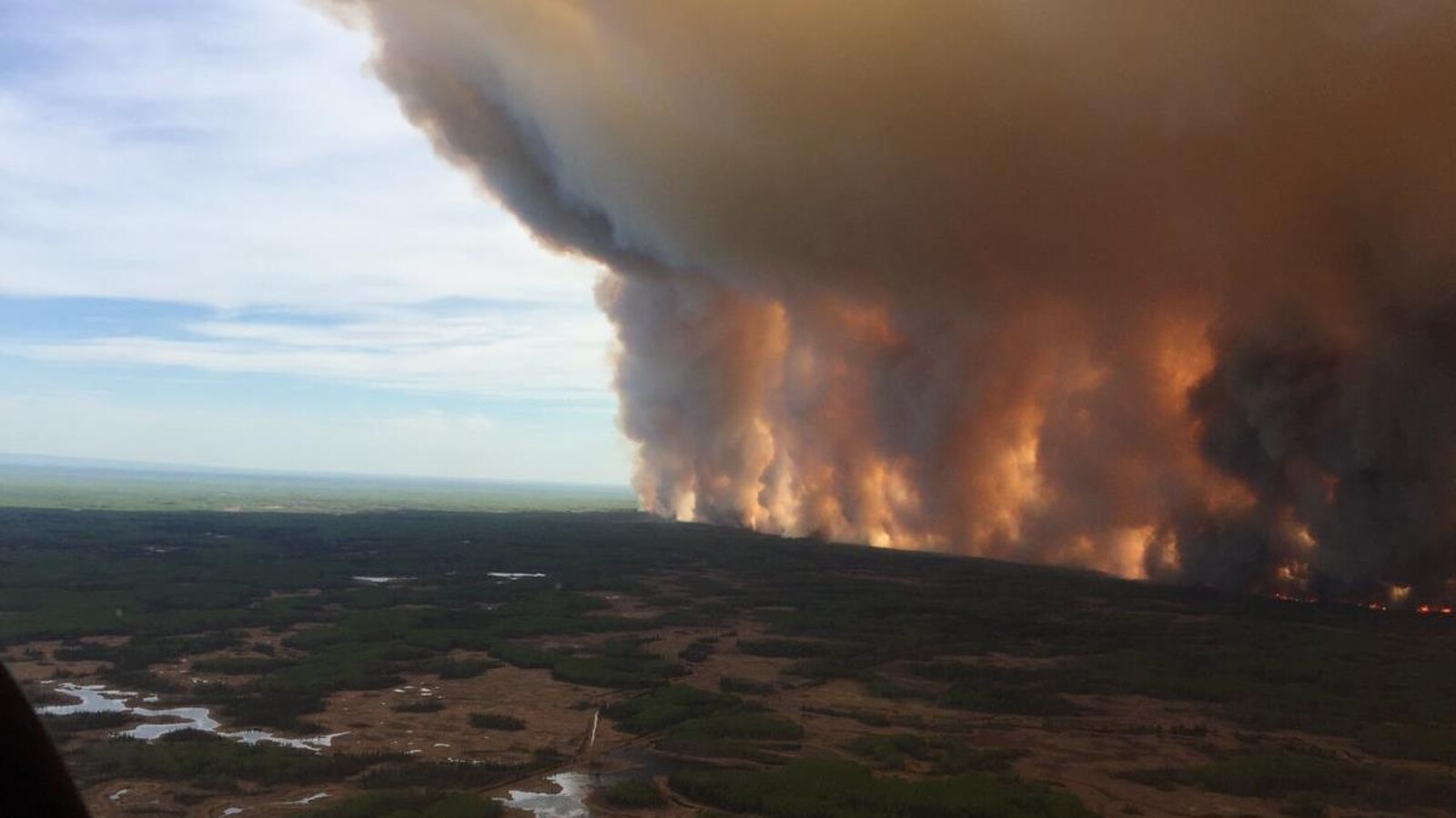 Un énorme panache de fumée s'élève dans le ciel en raison d'un feu de forêt.