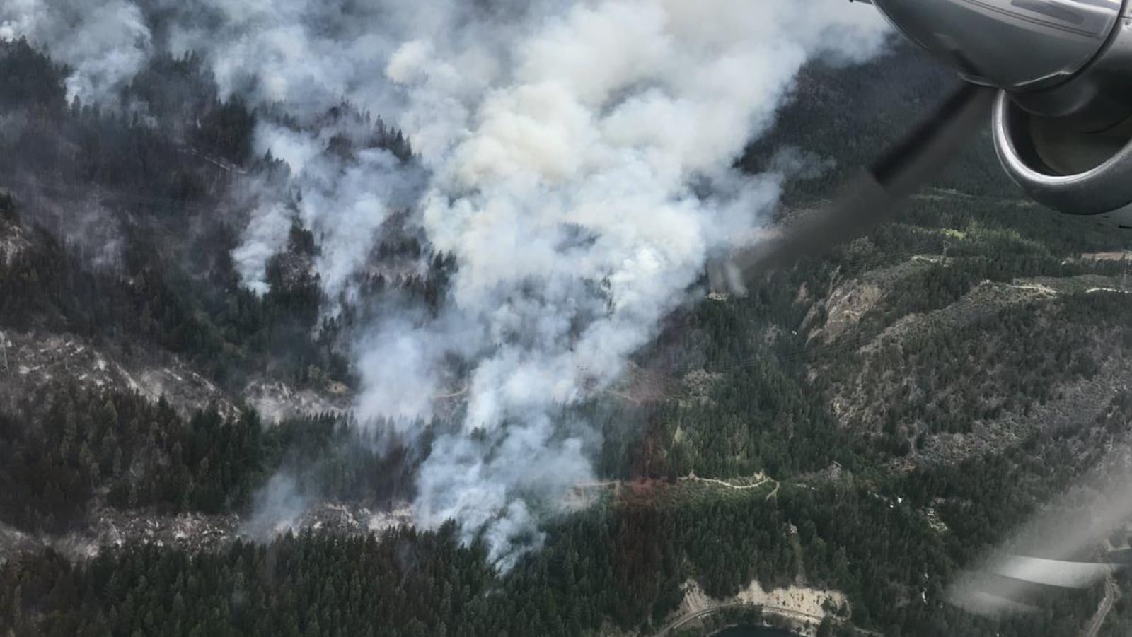 Vue de haut d'un feu de forêt et de fumée.