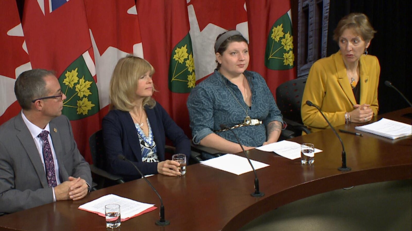 France Gélinas en conférence de presse à Queen's Park, aux côtés de 3 autres personnes