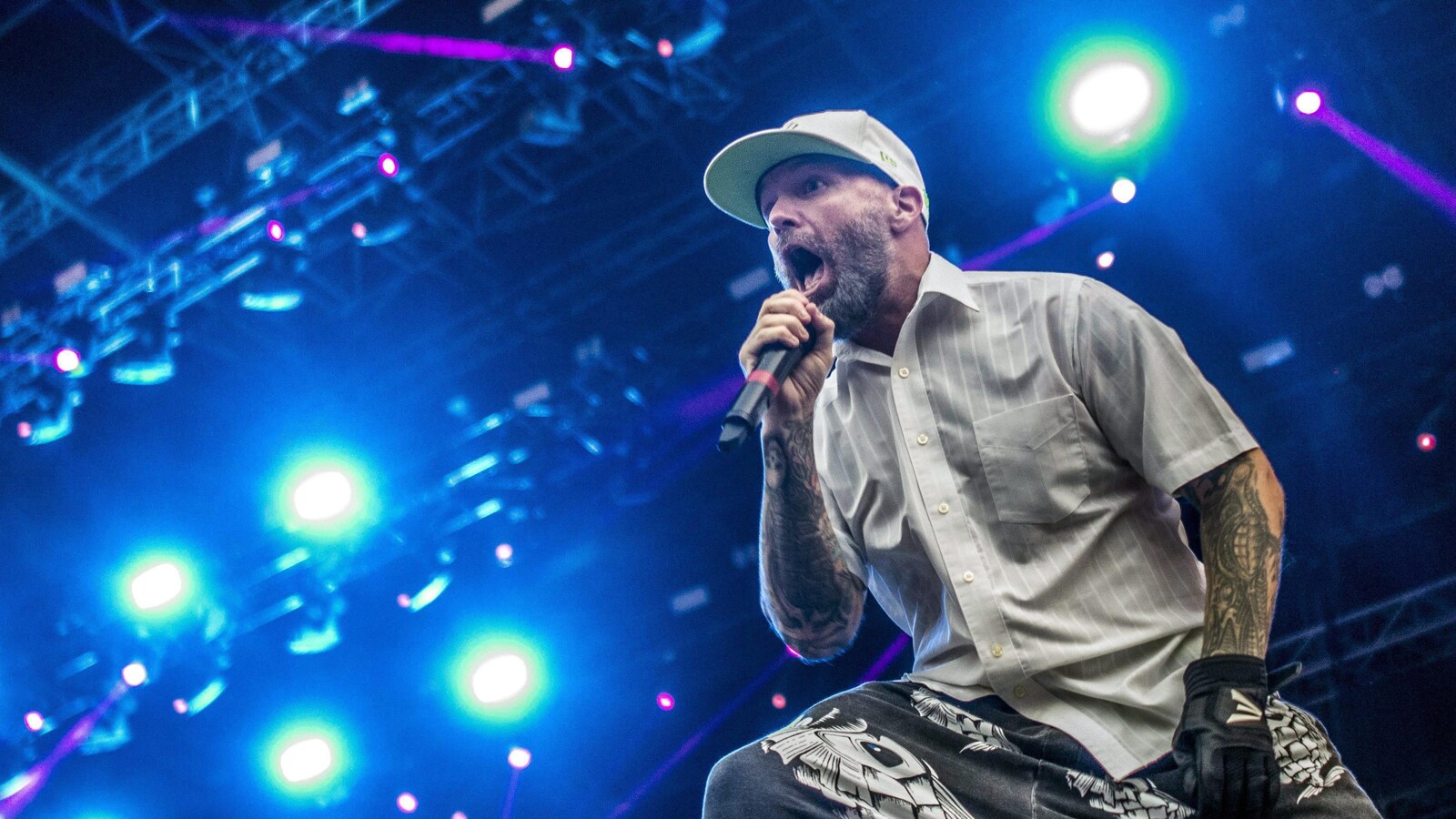 Le chanteur Fred Durst du groupe Limp Bizkit sur scène lors d'un concert en 2015.