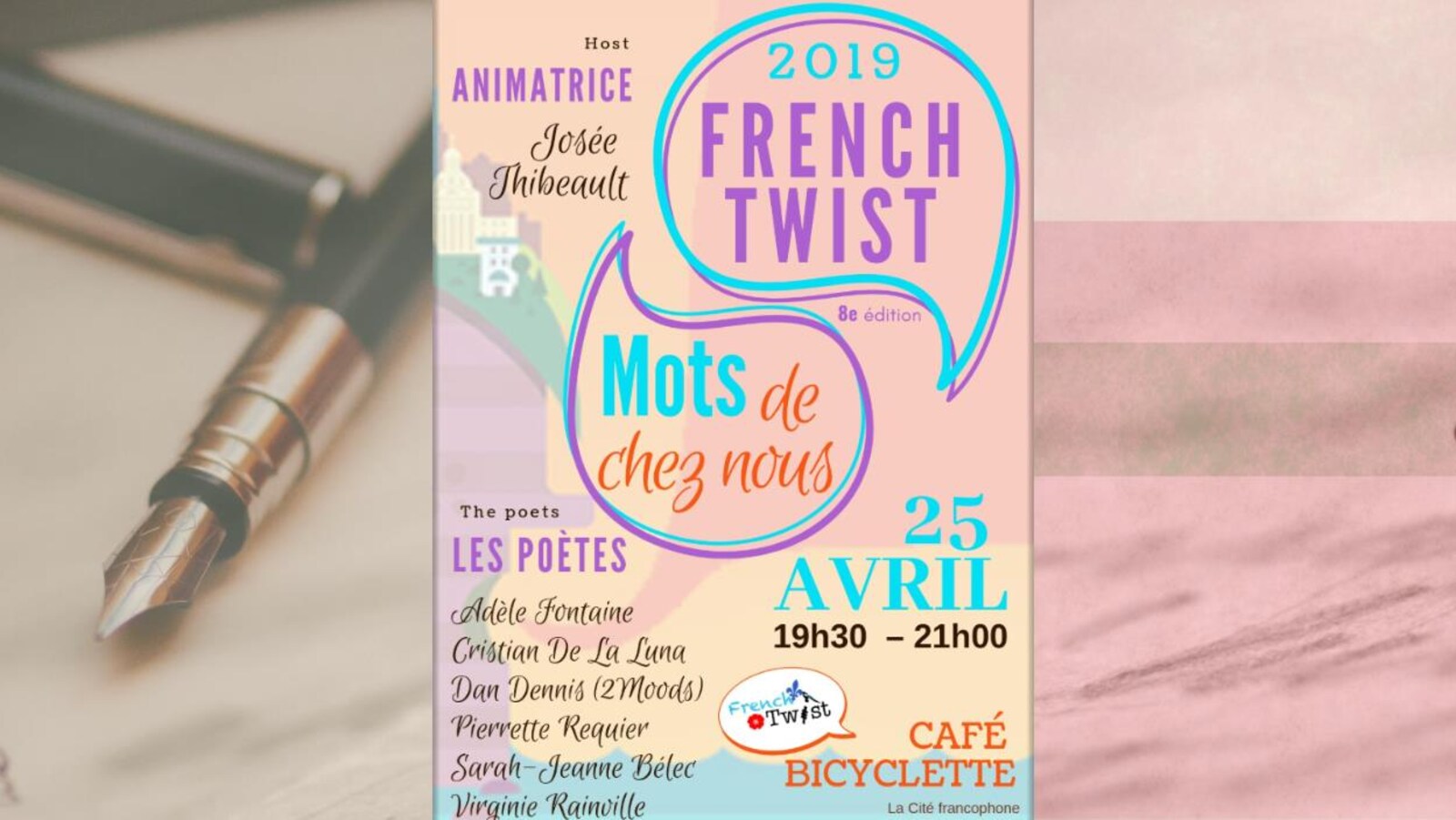 Affiche officielle du festival, avec le nom des poètes participants et de l'animatrice, Josée Thibeault: Adèle Fontaine, Cristian De La Lune, Dan Dennis, PierretteRequier, Sarah-Jeanne Bélec et Virginie Rainville.